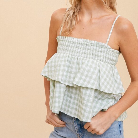 HEM & THREAD Light Green Gingham Tiered Ruffle Smocked Top, Sleeveless Peplum - Picture 3 of 5